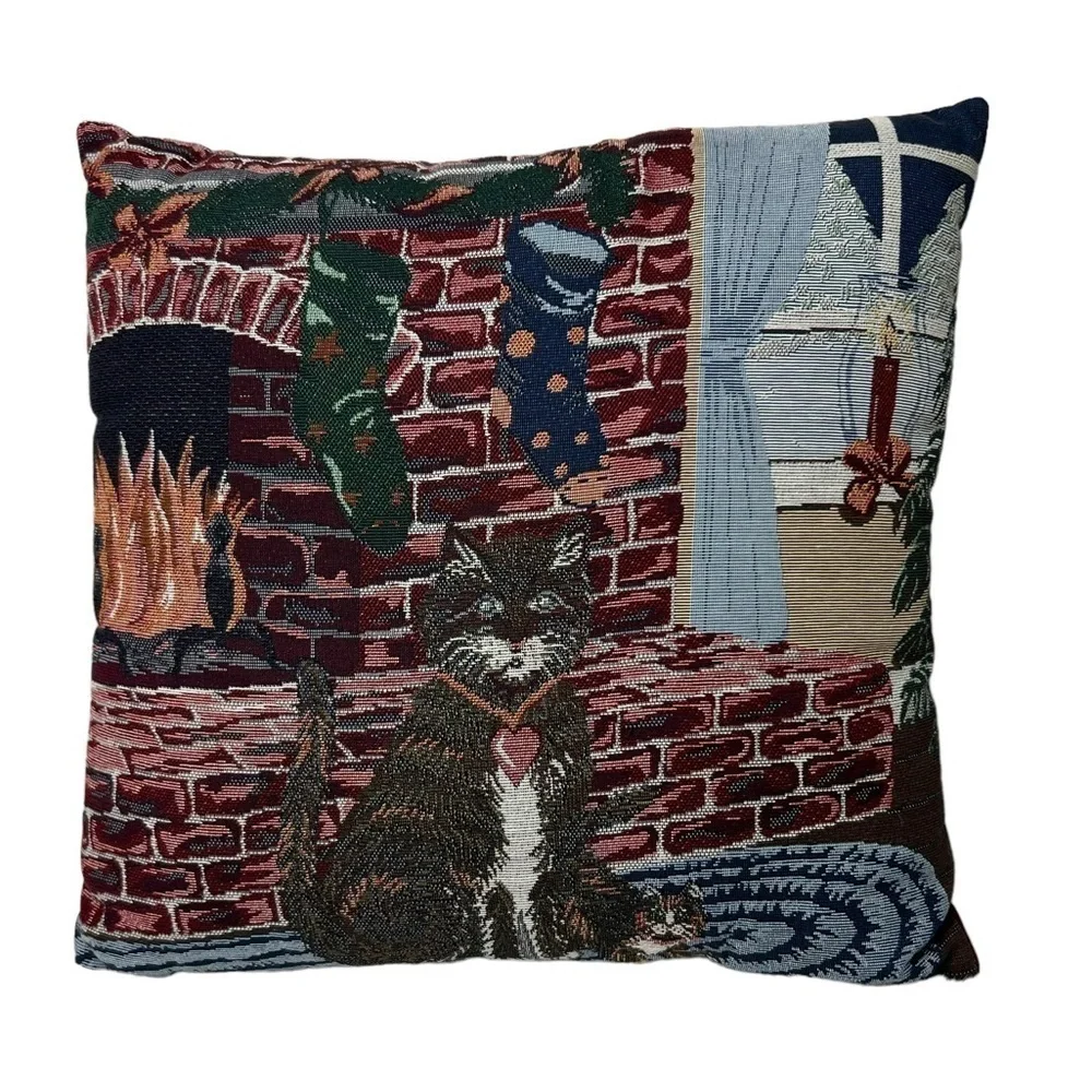 Cat Pillow Christmas Kitty Fireplace Tapestry Throw Grandma CottageCore Cat Lady